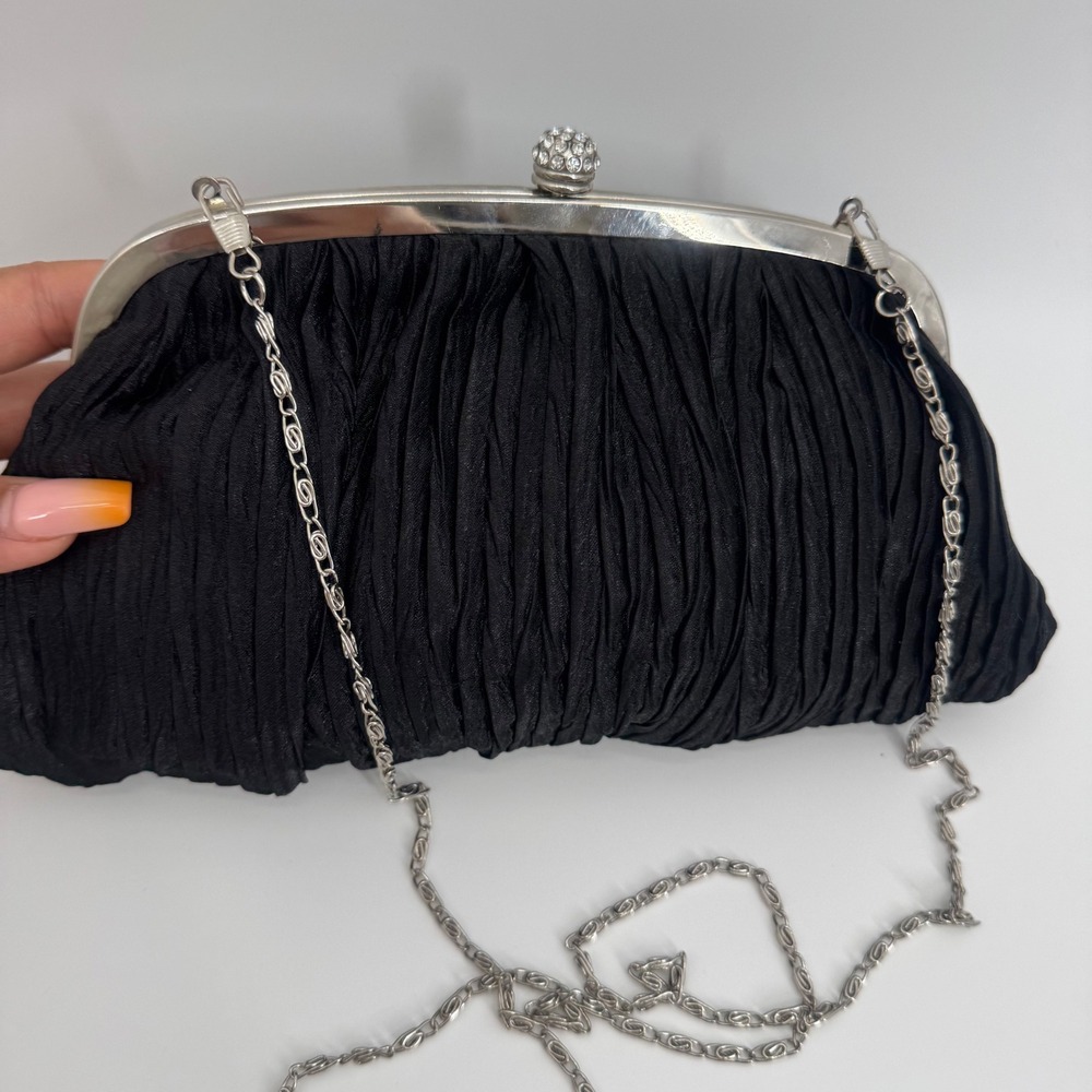 Neiman Marcus Black Pleated Satin Evening Clutch Rhinestone Clasp Silver Chain